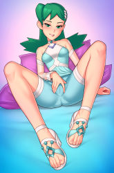 Rule 34 | 1girl, aqua dress, aqua footwear, aqua shorts, asymmetrical hair, bare shoulders, bed sheet, blush, breasts, collarbone, come hither, commission, covered erect nipples, creatures (company), dress, eyelashes, feet, foreshortening, full body, game freak, green eyes, green hair, hair ornament, head tilt, high heel sandals, high heels, highres, kris (pokemon), kris (sygna suit) (pokemon), leaning back, legs, loodncrood, medium breasts, nail polish, naughty face, nintendo, official alternate costume, pillow, pink nails, pokemon, pokemon masters ex, purple background, pussy, shorts, shorts under dress, solo, spread legs, spread pussy, spread pussy under clothes, strappy heels, thighs, toenail polish, toenails, toes, white footwear