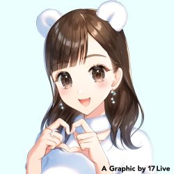 Rule 34 | 1girl, :d, animal ears, bear ears, blue background, blush, brown eyes, brown hair, collarbone, copyright request, earrings, fingernails, hands up, head tilt, heart, heart hands, jewelry, long hair, looking at viewer, momoshiki tsubaki, official art, open mouth, shirt, simple background, smile, solo, upper body, white shirt