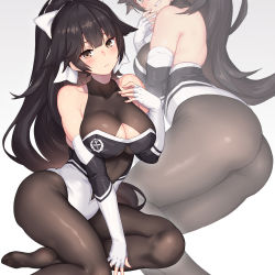 Rule 34 | 1girl, azur lane, black hair, bodystocking, bodysuit, bow, breasts, brown eyes, cleavage cutout, clothing cutout, commentary request, cowboy shot, elbow gloves, gloves, grey background, hair bow, hair flaps, large breasts, logo, long hair, looking at viewer, multicolored leotard, multiple views, nidy, pantyhose, ponytail, race queen, simple background, takao (azur lane), takao (full throttle charmer) (azur lane), two-tone leotard, white bow, white gloves, zoom layer