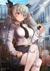 Rule 34 | 1girl, anchovy (girls und panzer), anzio school uniform, blush, breasts, covered erect nipples, cup, drill hair, girls und panzer, green hair, grin, highres, holding, holding cup, large breasts, long hair, looking at viewer, megadeko, outdoors, pantyhose, red eyes, school uniform, sky, smile, solo, twin drills, white pantyhose