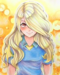Rule 34 | 1boy, afuro terumi, arms at sides, aura, bad id, bad pixiv id, blonde hair, blue shirt, blush, gradient background, hair over one eye, inazuma eleven, inazuma eleven (series), long hair, looking at viewer, male focus, marker (medium), orange background, red eyes, shirt, short sleeves, smile, solo, soma somari, sparkle, traditional media, trap, upper body