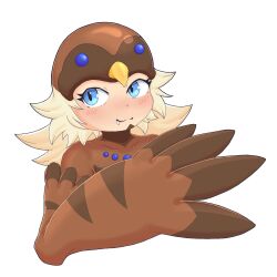Rule 34 | 1girl, bird hat, bird legs, blonde hair, blue eyes, blush, brown wings, commentary request, duel monster, fang, feather fingers, harpy, highres, long hair, lyrilusc - cobalt sparrow, monster girl, solo, suzuki (artist), winged arms, wings, yu-gi-oh!
