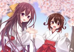 Rule 34 | 2girls, alternate costume, blush, cherry blossoms, commission, day, hair between eyes, hakama, hakama skirt, japanese clothes, kantai collection, kisaragi (kancolle), long hair, long sleeves, looking at viewer, miko, multiple girls, mutsuki (kancolle), nagasioo, open mouth, outdoors, petals, purple eyes, purple hair, red eyes, red hair, red hakama, short hair, skeb commission, skirt, wide sleeves