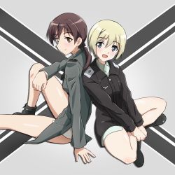 Rule 34 | 2girls, back-to-back, blonde hair, blue eyes, blush, breasts, brown eyes, closed mouth, erica hartmann, gertrud barkhorn, hair ribbon, highres, looking at viewer, military, military uniform, multiple girls, open mouth, ribbon, shiny skin, short hair, sitting, small breasts, strike witches, tricky 46, uniform, world witches series