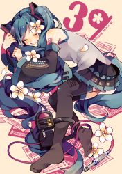 Rule 34 | 1girl, 39, amagi hana, audio jack, blue hair, cable, character name, closed eyes, flower, hair flower, hair ornament, hatsune miku, headphones, headphones removed, highres, long hair, lying, no shoes, on side, sheet music, smile, solo, thighhighs, treble clef, twintails, very long hair, vocaloid