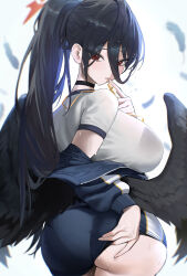 Rule 34 | 1girl, absurdres, ass, black bra, black choker, black footwear, black hair, black panties, black wings, blue archive, bra, bra visible through clothes, breasts, choker, falling feathers, feathered wings, feathers, halo, hasumi (blue archive), hasumi (track) (blue archive), highres, huge breasts, jacket, jacket partially removed, kazane-wind, looking at viewer, looking back, official alternate costume, panties, pantylines, ponytail, red eyes, short sleeves, solo, sweat, track jacket, underwear, wings