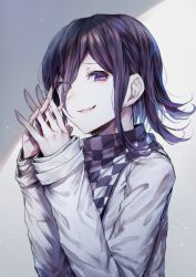 Rule 34 | 1boy, black hair, checkered clothes, checkered scarf, commentary request, danganronpa (series), danganronpa v3: killing harmony, from side, goto (sep), grey background, hair between eyes, hands up, highres, interlocked fingers, jacket, long arms, long sleeves, looking at viewer, male focus, open mouth, oma kokichi, own hands together, purple eyes, purple hair, scarf, short hair, smile, solo, upper body, white jacket