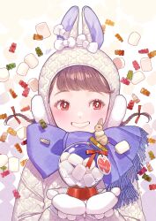 Rule 34 | 1girl, animal ears, animal hat, blue scarf, blush, bow, braid, brown hair, candy, cherico, commentary request, eyelashes, fake animal ears, floating hair, food, grin, gummy bear, hands up, hat, highres, holding, holding jar, jacket, jar, long sleeves, looking at viewer, marshmallow, medium hair, mittens, original, puffy long sleeves, puffy sleeves, rabbit, rabbit ears, rabbit hat, red eyes, red ribbon, ribbon, scarf, smile, solo, swept bangs, tag, teeth, twin braids, upper body, white background, white bow, white hat, white jacket, white mittens