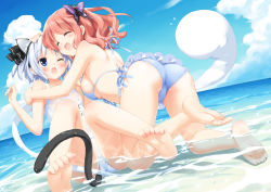 Rule 34 | 2girls, :d, ^ ^, animal ears, ass, bad id, barefoot, beach, bikini, blue bikini, blush, bow, breasts, bug, butterfly, butterfly hair ornament, cat ears, cat girl, cat tail, closed eyes, day, feet, female focus, fingernails, frilled swimsuit, frills, ghost, hair bow, hair ornament, halterneck, hand on another&#039;s head, headpat, hitodama, hug, insect, kani biimu, kemonomimi mode, kneeling, knees together feet apart, konpaku youmu, konpaku youmu (ghost), medium breasts, multiple girls, one-piece swimsuit, one eye closed, open mouth, outdoors, pink hair, revision, saigyouji yuyuko, school swimsuit, short hair, side-tie bikini bottom, sideboob, silver hair, sitting, smile, soles, submerged, swimsuit, tail, toe scrunch, toes, touhou, water, white one-piece swimsuit, white school swimsuit, wink