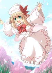 Rule 34 | 1girl, aqua eyes, blonde hair, blue sky, bow, bowtie, capelet, cherry blossoms, cloud, cross (crossryou), day, dress, fairy, fairy wings, flying, hat, hat bow, lily white, long hair, long sleeves, outstretched arms, petals, sky, solo, touhou, tree, white dress, wide sleeves, wings