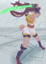 Rule 34 | 1girl, absurdres, body fur, brown fur, brown hair, cropped jacket, energy sword, female focus, fighting stance, furry, furry female, highres, holding, katana, lightsaber, lop (star wars), ponytail, rabbit ears, rabbit tail, star wars, star wars: visions, sword, very long ears, weapon