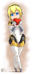 Rule 34 | 1girl, aegis (persona), android, blonde hair, blue eyes, blush, crossed legs, full body, heart, joints, kiwikamikaze, no feet, persona, persona 3, robot joints, short hair, solo, standing