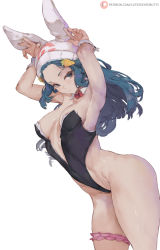 Rule 34 | 1girl, animal ears, arched back, armpits, arms up, bare legs, bare shoulders, black leotard, blue eyes, blue hair, bridal garter, carrot hair ornament, creatures (company), curvy, cutesexyrobutts, dawn (pokemon), detached collar, fake animal ears, food-themed hair ornament, game freak, garter belt, hair ornament, hat, highleg, highleg leotard, highres, leotard, long hair, nintendo, playboy bunny, pokemon, pokemon dppt, rabbit ears, rabbit pose, shiny skin, simple background, solo, thick thighs, thighs, thong leotard, white background, wide hips