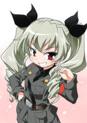 Rule 34 | 10s, 1girl, akou roushi, anchovy (girls und panzer), belt, black necktie, black ribbon, black shirt, commentary, dress shirt, drill hair, girls und panzer, gradient background, green hair, grey jacket, grey pants, grin, hair ribbon, hand on own hip, jacket, long hair, long sleeves, looking at viewer, military, military uniform, necktie, pants, pink background, playing with own hair, red eyes, ribbon, shirt, shoulder belt, smile, solo, standing, twin drills, twintails, twintails day, uniform, upper body