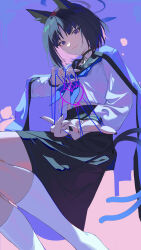Rule 34 | 1girl, absurdres, animal ears, black eyes, black hair, black nails, black sailor collar, black skirt, blue archive, blue halo, blue neckerchief, cat&#039;s cradle, cat ears, cat tail, closed mouth, fingernails, halo, haori, heart, highres, japanese clothes, katachi noboru nishikino, kikyou (blue archive), long sleeves, looking at viewer, multiple tails, nail polish, neckerchief, pleated skirt, sailor collar, short hair, skirt, socks, solo, tail, two tails, white socks