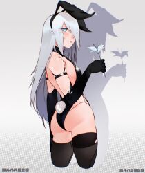 Rule 34 | 1girl, a2 (nier:automata), animal ears, ass, bare shoulders, black gloves, black leotard, black thighhighs, breasts, cesar art456, commentary, commission, cropped legs, elbow gloves, fake animal ears, fake tail, flower, gloves, gradient background, grey background, grey hair, highres, holding, holding flower, leotard, nier:automata, nier (series), playboy bunny, procreate (medium), rabbit ears, rabbit tail, small breasts, solo, tail, teeth, thighhighs