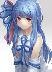 Rule 34 | 1girl, 3:, blue hair, blush, breasts, closed mouth, detached sleeves, dress, gradient background, hair ornament, highres, kotonoha aoi, kurione (zassou), light blue hair, long hair, looking at viewer, red eyes, sidelocks, small breasts, solo, v-shaped eyebrows, voiceroid, white dress, white sleeves