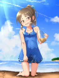 Rule 34 | 1girl, absurdres, alcohol, artist name, bare shoulders, barefoot, beach, beer, blue one-piece swimsuit, blue ribbon, blue sky, blush, brown eyes, brown hair, clenched hand, cloud, collarbone, covered navel, cup, dated, day, drink, embarrassed, female focus, flat chest, full body, hair ribbon, hand up, have to pee, head tilt, highres, holding, horizon, idolmaster, idolmaster cinderella girls, idolmaster cinderella girls starlight stage, junpiro, kneeling, looking at viewer, matching hair/eyes, mug, nose blush, ocean, one-piece swimsuit, open mouth, outdoors, peeing, peeing self, ponytail, ribbon, sand, shiny skin, signature, sky, solo, sparkle, sunlight, swimsuit, tachibana arisu, tears, water, wavy eyes, wavy mouth, wet, wet clothes