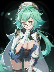 Rule 34 | 1girl, alternate breast size, beret, black background, black leotard, black thighhighs, blue leotard, breasts, cape, cleavage, cowboy shot, drooling, frilled leotard, frills, fur collar, genshin impact, glasses, gloves, green hair, hair between eyes, hair flaps, hand on own thigh, hand up, hat, heart, heart in eye, highres, holding, holding test tube, leaning forward, leotard, long sleeves, looking at viewer, medium breasts, open mouth, orange eyes, penguin1007402125, ponytail, semi-rimless eyewear, short hair, solo, sucrose (genshin impact), symbol in eye, test tube, thighhighs, two-tone leotard, white cape, white gloves