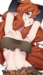 Rule 34 | 1girl, armpits, arms behind head, black gloves, borrowed character, breasts, brown eyes, brown hair, character request, copyright request, freckles, gloves, highres, long hair, navel, pointy ears, revealing clothes, sharp teeth, signature, smile, solo, teeth, tochi keisuke, underboob, white background