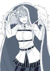 Rule 34 | 1girl, :d, belt, belt buckle, black pantyhose, black skirt, blue theme, borrowed clothes, buckle, cowboy shot, fate/grand order, fate (series), fujimaru ritsuka (female), greyscale, hair between eyes, jacket, long sleeves, looking at viewer, medium hair, miniskirt, monochrome, nishinishihigas, open mouth, pantyhose, pleated skirt, simple background, sketch, skirt, smile, solo, standing, white background