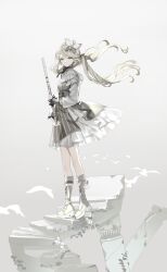 Rule 34 | 1girl, 25-ji rin, absurdres, black dress, boots, commentary, cross-laced clothes, crossed bangs, dress, expressionless, flute, fortissimo, grey background, grey eyes, grey footwear, grey hair, hair ornament, highres, holding, holding flute, holding instrument, instrument, kagamine rin, knee boots, long hair, looking at viewer, mona0101, musical note, musical note hair ornament, pillar, pleated dress, project sekai, ruins, sekai ni hibike! your song (project sekai), sidelocks, simple bird, sleeve cuffs, solo, stairs, standing, striped clothes, striped dress, twintails, vertical-striped clothes, vertical-striped dress, vocaloid, white dress