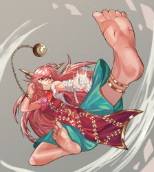Rule 34 | 1girl, absurdres, arms up, ball, bandaged arm, bandages, bare shoulders, barefoot, breasts, chain, closed mouth, flower, flying, gold, gold chain, green skirt, grey background, hair between eyes, hands up, highres, horns, ibaraki, ibaraki douji (touhou), ibaraki kasen, jewelry, leaf, legs up, long hair, looking to the side, medium breasts, pink flower, pink hair, pink rose, red eyes, reki (user rcrd4534), rose, scar, shirt, simple background, skirt, sleeveless, sleeveless shirt, smile, soles, solo, teeth, touhou, white shirt