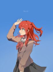 Rule 34 | 1girl, arm up, az (azkin g), birthday, blue background, bocchi the rock!, bow, bowtie, brown shirt, dated, green eyes, grey skirt, highres, kita ikuyo, long hair, long sleeves, looking up, one side up, open mouth, red hair, sailor collar, shading eyes, shirt, sidelocks, sideways mouth, skirt, solo, upper body