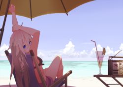 Rule 34 | 1girl, bad id, bad pixiv id, beach, beach umbrella, cloud, day, drinking straw, ia (vocaloid), crossed legs, long hair, looking at viewer, radio, solo, stretching, swimsuit, table, tomioka jirou, umbrella, vocaloid
