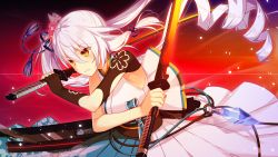 Rule 34 | 1girl, blush, breasts, closed mouth, drill hair, dual wielding, elbow gloves, female focus, fighting stance, floating hair, game cg, gloves, hair between eyes, hands up, holding, holding sword, holding weapon, japanese clothes, jewelry, light blush, long hair, looking at viewer, looking away, nose blush, original, pero, serious, side ponytail, simple background, single elbow glove, skirt, sleeveless, small breasts, solo, standing, suzakuin tsubaki, sword, tsubaki to one room: kizuna kirameku koi iroha ss, weapon, white hair, yellow eyes