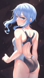 Rule 34 | 1girl, absurdres, aoi zerii, ass, back, blue eyes, blue hair, blush, breasts, competition swimsuit, cowboy shot, from behind, highres, hololive, hoshimachi suisei, light particles, looking at viewer, looking back, one-piece swimsuit, parted lips, side ponytail, small breasts, solo, star (symbol), star in eye, swimsuit, symbol in eye, virtual youtuber, wavy hair, wet