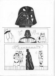 Rule 34 | 4boys, animification, arms at sides, bodysuit, cape, comic, darth vader, from side, greyscale, looking at viewer, male focus, monochrome, multiple boys, simple background, standing, star wars, stormtrooper, translation request, uniform, upper body, white background