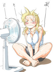 Rule 34 | 00s, 1girl, barefoot, bike shorts, blonde hair, breasts, breasts squeezed together, cleavage, closed eyes, electric fan, fanning face, fanning self, feet, female focus, hidamari sketch, jon shicchiou, large breasts, long hair, miyako (hidamari sketch), shorts, sitting, solo, spandex, sweat, talking into fan