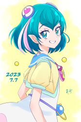 Rule 34 | 1girl, 2023, absurdres, blue eyes, blue hair, blush, dated, dress, from side, grin, hagoromo lala, hair bun, head tilt, highres, jacket, looking at viewer, multicolored hair, open clothes, open jacket, pink hair, pointy ears, precure, short sleeves, smile, solo, star-shaped pupils, star (symbol), star twinkle precure, streaked hair, symbol-shaped pupils, white dress, white hair, yellow jacket, zerolay