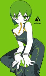 Rule 34 | 1girl, c73an, cuffs, drinking straw, drinking straw in mouth, english text, foo fighters (jojo), foot out of frame, green background, green eyes, green hair, green theme, handcuffs, highres, jojo no kimyou na bouken, mouth hold, overalls, short hair, simple background, solo, stone ocean, strap slip