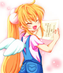 Rule 34 | 1girl, ^ ^, ahoge, blush, closed eyes, closed eyes, fang, from behind, hair bobbles, hair ornament, kodomo no jikan, kokonoe rin, mashu07, open mouth, orange hair, overalls, smile, solo, translation request, twintails, wings
