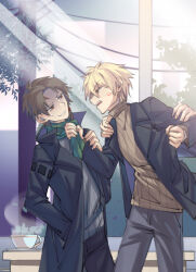 Rule 34 | 2boys, anger vein, atou haruki, black coat, black jacket, black pants, blonde hair, braid, brown eyes, brown hair, brown sweater, chinese commentary, coat, commentary request, fengtian (artist), green scarf, grey pants, grey sweater, hand in pocket, harada minoru, highres, jacket, long sleeves, male focus, multiple boys, open clothes, open coat, open jacket, open mouth, out of frame, pants, red eyes, ribbed sweater, saibou shinkyoku, scar, scar on face, scar on forehead, scarf, scarf grab, short hair, side braid, single braid, sweat, sweater, turn pale, turtleneck, turtleneck sweater