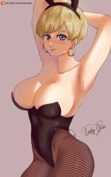 Rule 34 | 1girl, absurdres, armpits, arms behind head, artist name, blonde hair, blue eyes, breasts, cleavage, dragon ball, dragonball z, erasa (dragon ball), highres, lady shin, large breasts, legs, leotard, looking at viewer, nipple slip, nipples, rabbit ears, seductive smile, short hair, smile, solo, thick thighs, thighs