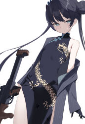 Rule 34 | 1girl, black dress, black gloves, black hair, blue archive, braid, braided bun, breasts, china dress, chinese clothes, closed mouth, coat, commentary request, cowboy shot, double bun, dragon print, dress, gloves, grey coat, grey eyes, gun, hair bun, highres, holding, holding gun, holding weapon, kisaki (blue archive), long hair, looking down, nogami (minamiituki), off shoulder, partial commentary, pelvic curtain, pinstripe pattern, print dress, simple background, single bare shoulder, sleeveless, sleeveless dress, small breasts, solo, striped, striped coat, submachine gun, twintails, vertical-striped coat, weapon, white background