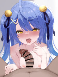 Rule 34 | 1boy, 1girl, after fellatio, ahoge, amamiya kokoro, bell, blue hair, blush, cum, cum in mouth, facial, finger to mouth, fingernails, flaccid, gokkun, hair bell, hair ornament, heart, heart in eye, hetero, highres, jingle bell, long hair, looking at viewer, nijisanji, nipples, nose blush, nude, open mouth, penis, solo focus, symbol in eye, tongue, tongue out, two side up, very long hair, virtual youtuber, x hair ornament, yellow eyes, yukamikayu