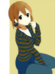 Rule 34 | 1girl, alternate hairstyle, blue pantyhose, bow, brown eyes, brown hair, casual, denim, hair bow, twirling hair, hirasawa yui, jeans, k-on!, kishida nica, looking at viewer, o3o, pants, pantyhose, ponytail, shirt, short hair, short ponytail, side ponytail, simple background, solo, striped clothes, striped shirt, v-neck