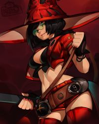 Rule 34 | 1girl, belt, belt buckle, bespectacled, black choker, black hair, boots, breasts, buckle, choker, cleavage, cropped jacket, electric guitar, glasses, green-tinted eyewear, green-tinted glasses, guilty gear, guilty gear strive, guitar, hat, highres, hoai vu, holding, holding instrument, i-no, instrument, jacket, large breasts, lips, looking to the side, loose belt, mole, mole above mouth, navel, red footwear, red hat, red jacket, red shorts, rimless eyewear, short hair, shorts, showgirl skirt, sideboob, signature, solo, sunglasses, thigh boots, thighhighs, tinted eyewear, witch hat