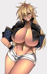 Rule 34 | 1girl, abs, absurdres, black gloves, blonde hair, bracelet, breasts, cleavage, commentary, cropped jacket, dark-skinned female, dark skin, determined, english commentary, gloves, hand on own hip, highres, huge breasts, hz (666v), jacket, jewelry, long hair, mixed-language commentary, necklace, open clothes, open jacket, original, paid reward available, scar, scar across eye, scar on face, short shorts, shorts, smirk, solo, tan, tomboy, toned, underboob, vecky (camui kamui), yellow eyes