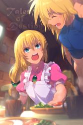 Rule 34 | 1boy, 1girl, apron, blonde hair, blue eyes, brother and sister, dress, echo (circa), egg, food, gloves, lilith aileron, long hair, open mouth, ponytail, siblings, stahn aileron, tales of (series), tales of destiny