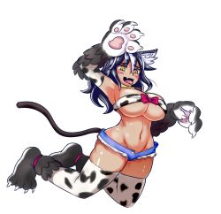 Rule 34 | 1girl, :d, animal ears, animal hands, animal print, arm up, armpits, bandeau, bell, black hair, blush, bow, breasts, cat ears, cat paws, cat tail, claws, collar, commentary, cow print, cowbell, curvy, elbow gloves, fangs, full body, gloves, groin, large breasts, long hair, looking at viewer, monster girl, multicolored hair, nav (itsnav), navel, neck bell, open mouth, original, pouncing, print gloves, print thighhighs, shiny skin, short shorts, shorts, simple background, smile, solo, stomach, streaked hair, tail, thighhighs, tongue, tongue out, underboob, white background, white hair, wide hips, yellow eyes