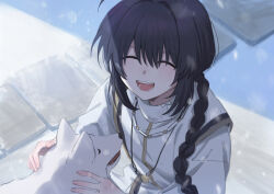Rule 34 | 1other, ahoge, amulet, androgynous, black hair, braid, braided ponytail, closed eyes, facing up, fate/samurai remnant, fate (series), hair intakes, japanese clothes, jewelry, jp (diiuclove), necklace, petting, single braid, smile, snowing, solo, white dog, yamato takeru (fate)