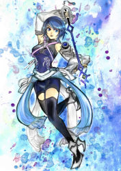 Rule 34 | 1girl, aqua (kingdom hearts), bad id, bad pixiv id, bare shoulders, black thighhighs, blue eyes, blue hair, breasts, detached sleeves, female focus, full body, gradient background, keyblade, kingdom hearts, kingdom hearts birth by sleep, matching hair/eyes, omito, short hair, solo, thighhighs, white background
