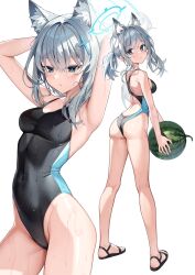 Rule 34 | 1girl, animal ear fluff, animal ears, armpits, ass, bare legs, bare shoulders, barefoot, blue archive, blue eyes, blush, breasts, closed mouth, collarbone, competition swimsuit, covered navel, food, from behind, fruit, full body, grey hair, halo, highleg, highleg swimsuit, highres, holding, holding food, looking at viewer, medium breasts, multiple views, one-piece swimsuit, pine (angel4195202), shiroko (blue archive), shiroko (swimsuit) (blue archive), simple background, standing, swimsuit, thighs, watermelon, wet, white background