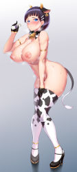 Rule 34 | 1girl, :o, absurdres, animal ears, animal print, bare shoulders, bell, black footwear, black gloves, black hair, blue eyes, blunt bangs, blush, bottle, breasts, brown hair, cleavage, collar, collarbone, commentary request, cow ears, cow girl, cow horns, cow print, cow tail, cowbell, curvy, elbow gloves, fake animal ears, fake horns, fake tail, from side, full body, gloves, gradient background, grey background, hair ornament, hairclip, hand on own thigh, high heels, highres, horns, huge breasts, kawase seiki, kirigaya suguha, knees together feet apart, large breasts, leaning forward, looking at viewer, milk bottle, navel, neck bell, nipples, no panties, open mouth, print thighhighs, shoes, short hair, simple background, skindentation, solo, sword art online, tail, thick thighs, thighhighs, thighs