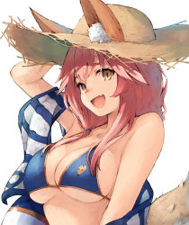 Rule 34 | 1girl, :d, animal ears, arm up, bad id, bad pixiv id, bikini, blue bikini, breasts, brown eyes, cleavage, ears through headwear, fang, fate/grand order, fate (series), fox ears, fox tail, hand on headwear, hat, highres, innertube, koretsuki azuma, large breasts, long hair, looking at viewer, open mouth, pink hair, simple background, smile, solo, straw hat, sun hat, swim ring, swimsuit, tail, tamamo (fate), tamamo no mae (fate/extra), tamamo no mae (swimsuit lancer) (fate), tamamo no mae (swimsuit lancer) (second ascension) (fate), upper body, white background